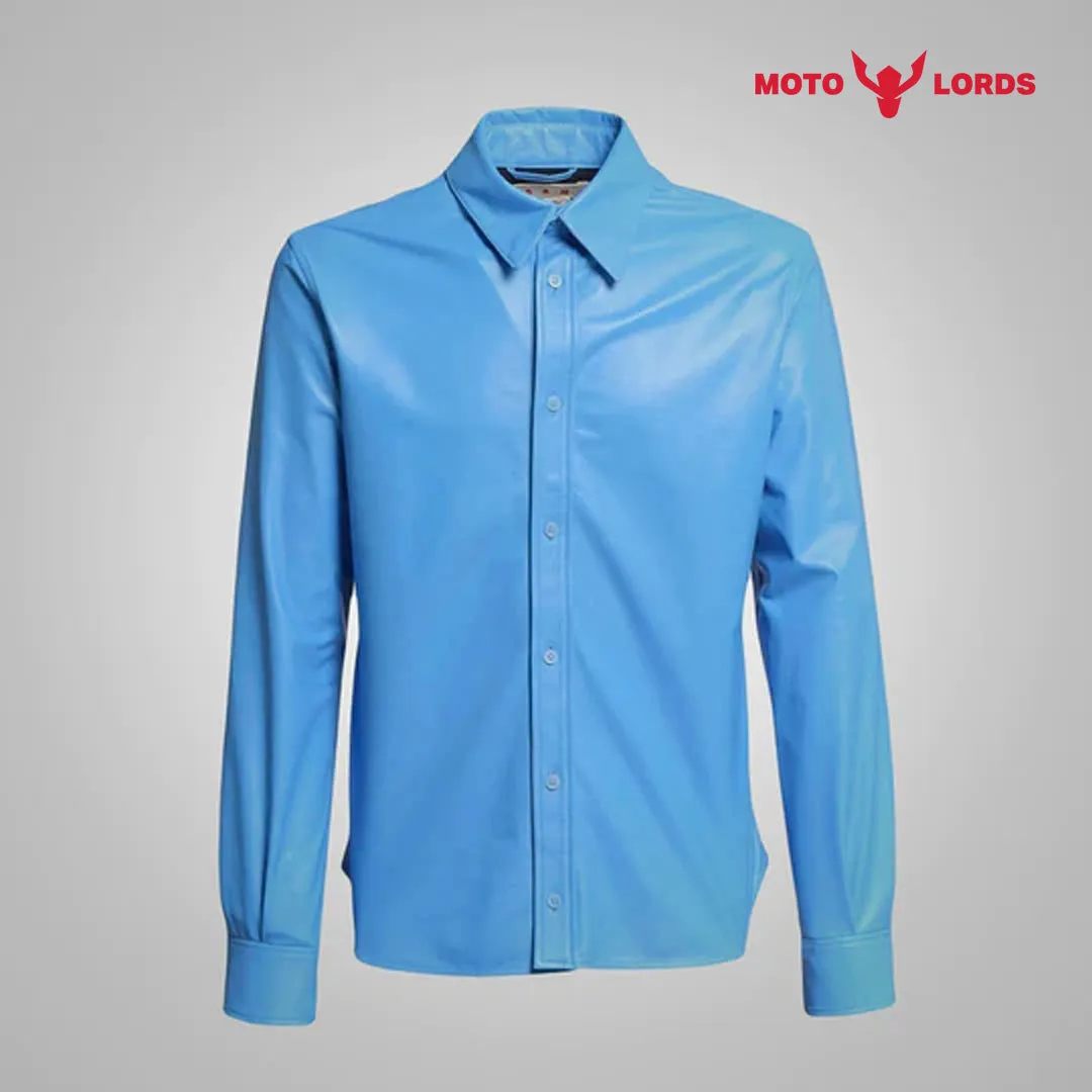 Sky Blue Lambskin Leather Shirt for Men | Sale 2024 Upto 30% Off