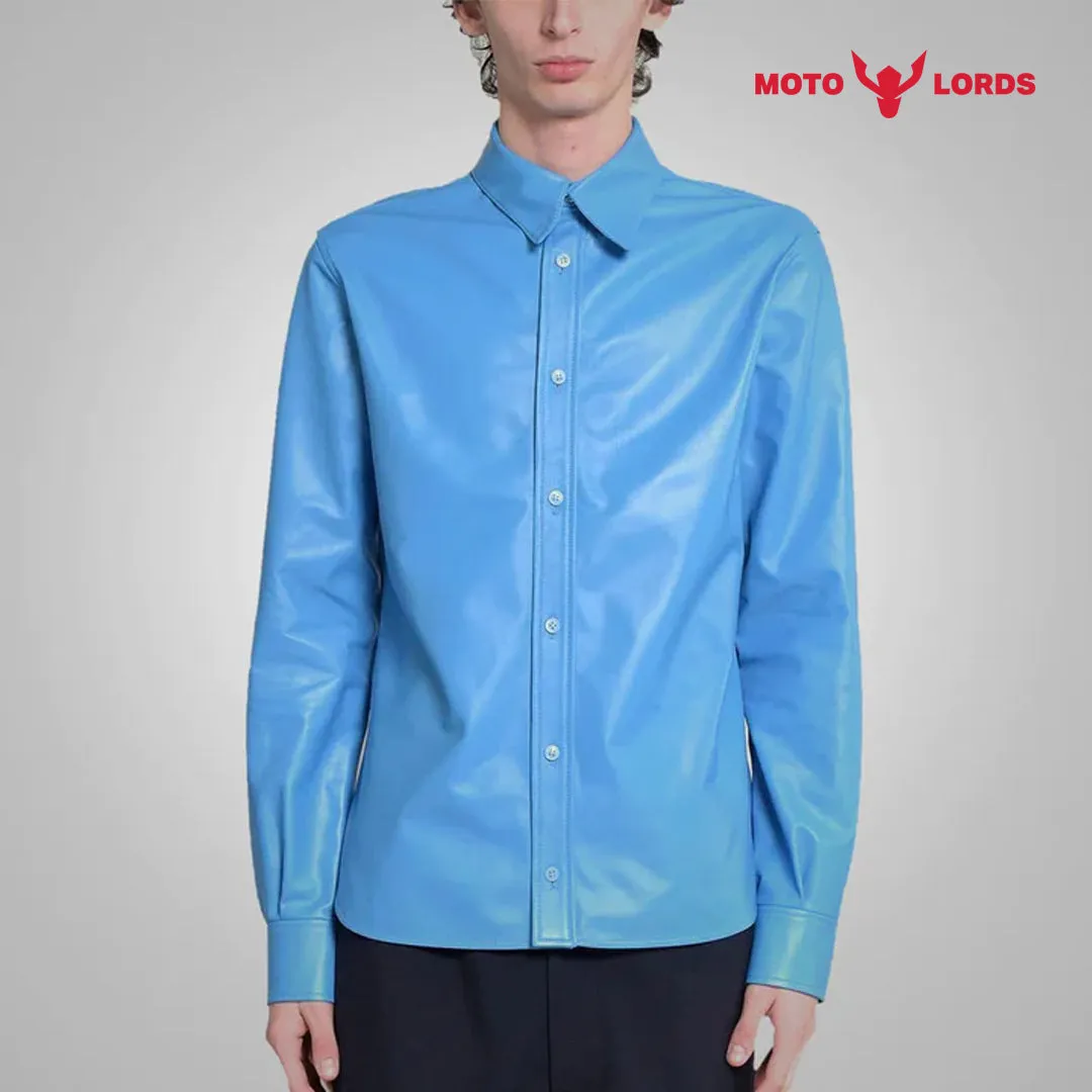 Sky Blue Lambskin Leather Shirt for Men | Sale 2024 Upto 30% Off