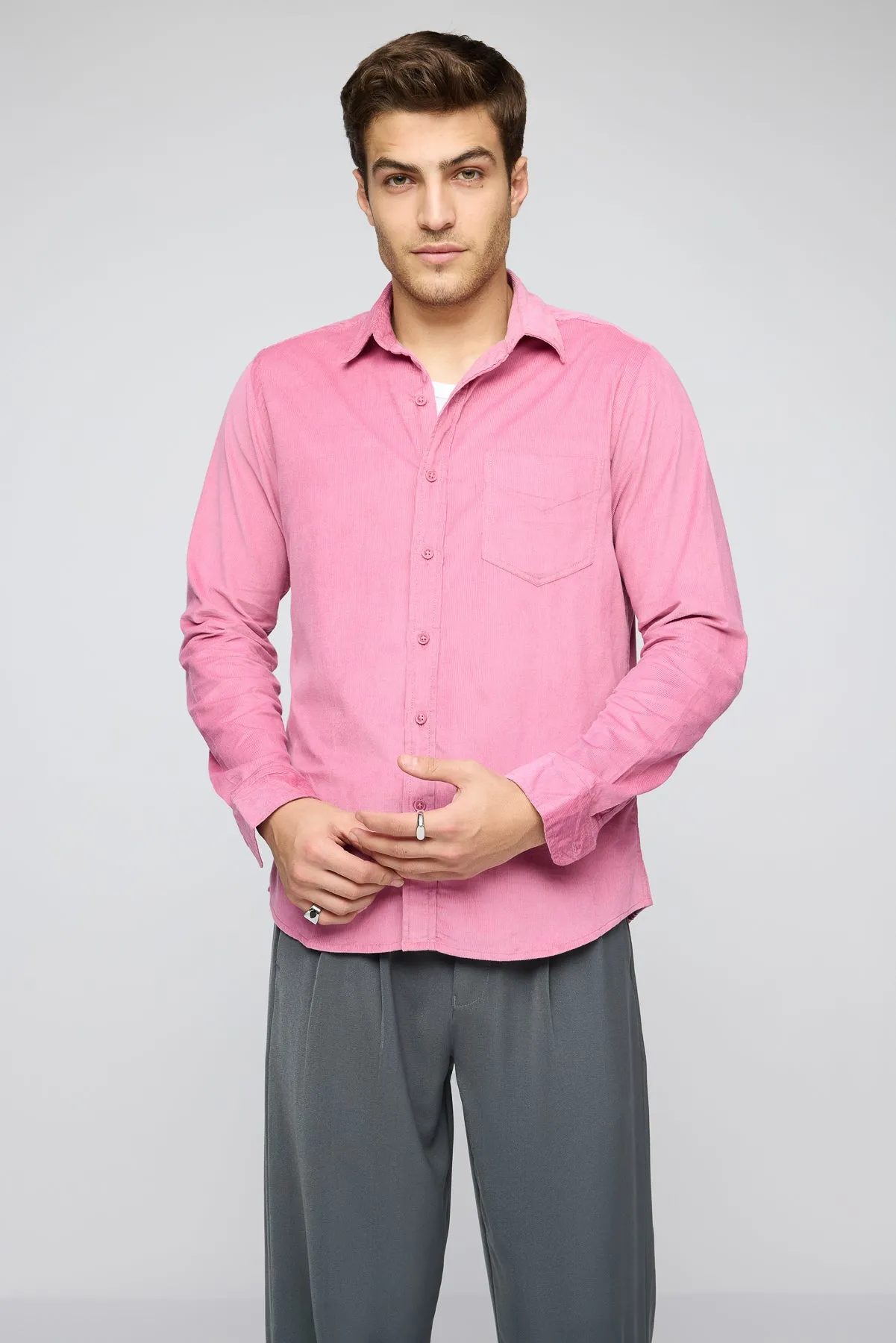 Soft Pink Men's Long Sleeve Corduroy Shirt