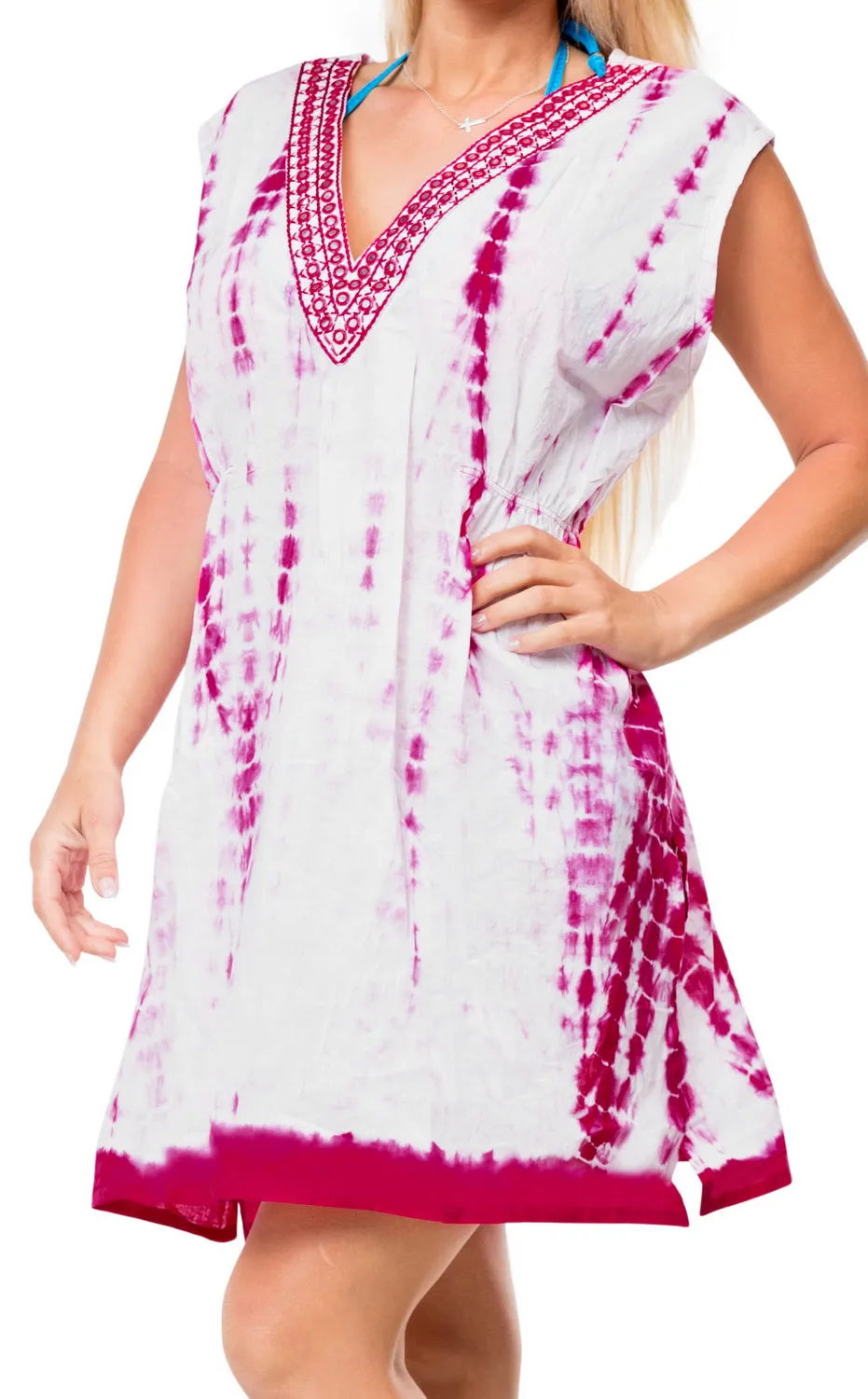 Swimsuit Kimono Tie Dye Poncho Cotton Caftan Cover up Dress V Neck Tunic Pink