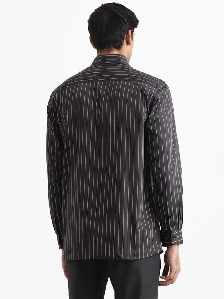 WES Formals Black Striped Cotton Relaxed-Fit Shirt