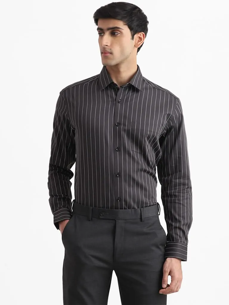 WES Formals Black Striped Cotton Relaxed-Fit Shirt