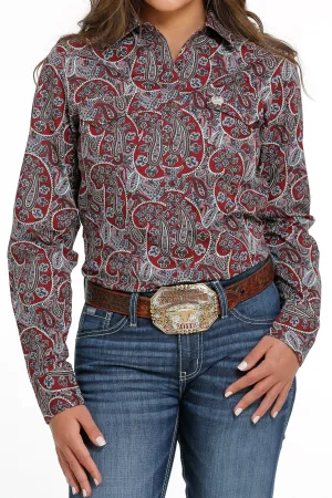 Women's Cinch MSW9201043 Burgundy Multi Print Button Long Sleeve Shirt CLOSEOUT