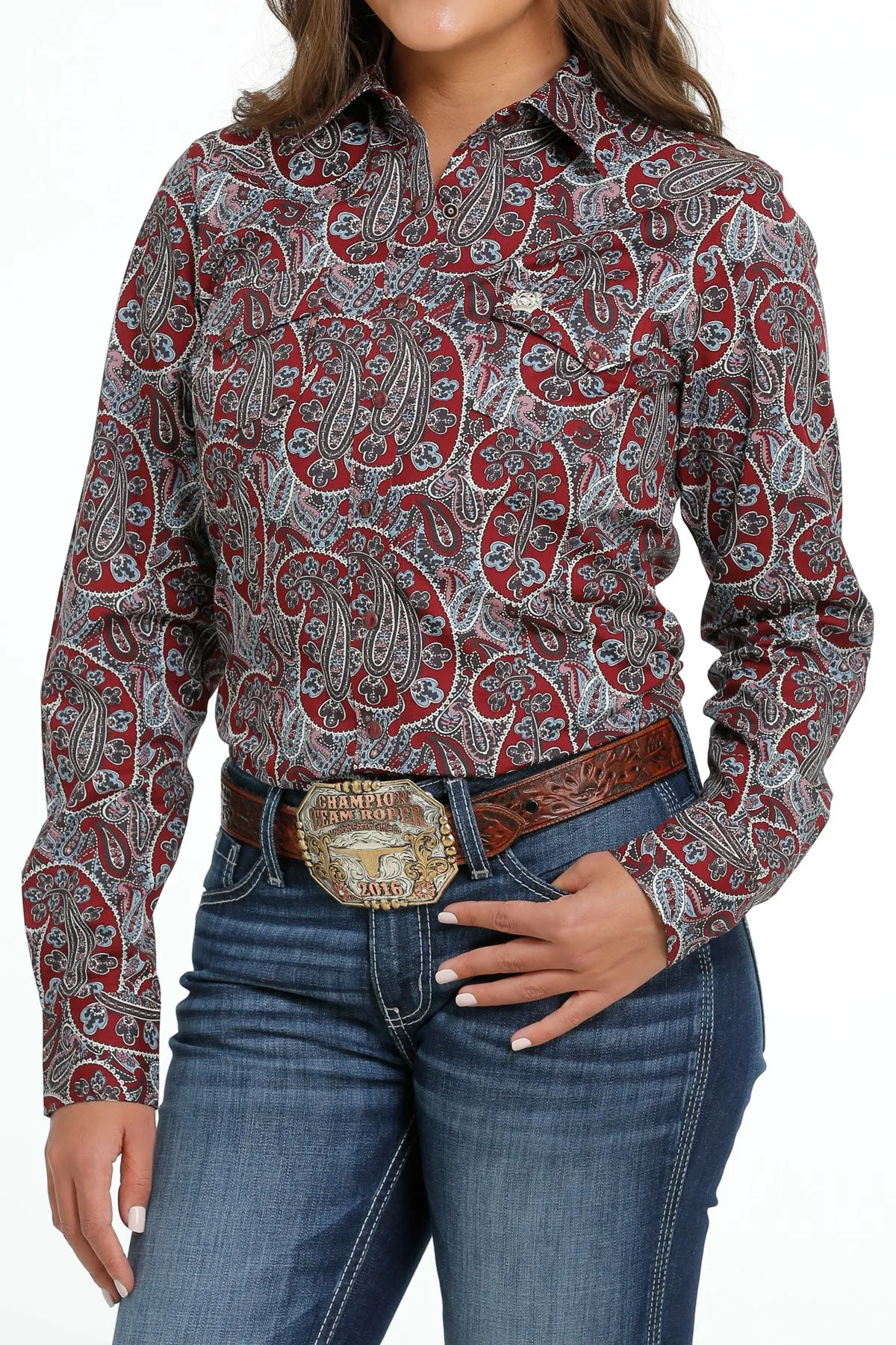 Women's Cinch MSW9201043 Burgundy Multi Print Button Long Sleeve Shirt CLOSEOUT