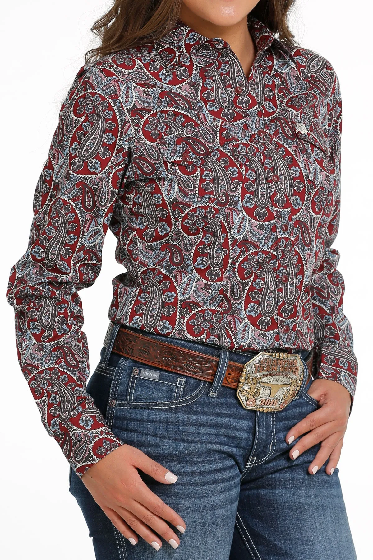 Women's Cinch MSW9201043 Burgundy Multi Print Button Long Sleeve Shirt CLOSEOUT