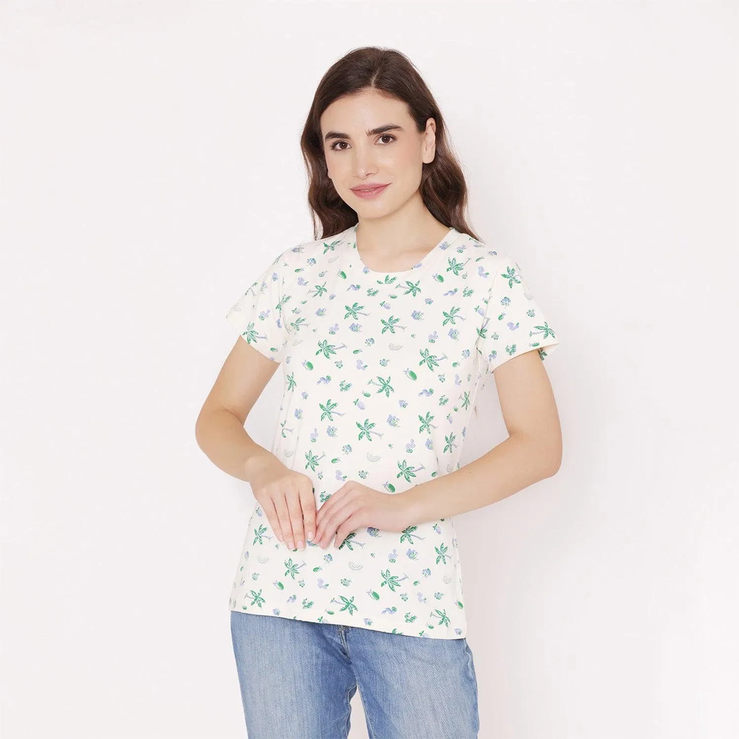 Women's Printed Half Sleeve Casual T-Shirt - Off White