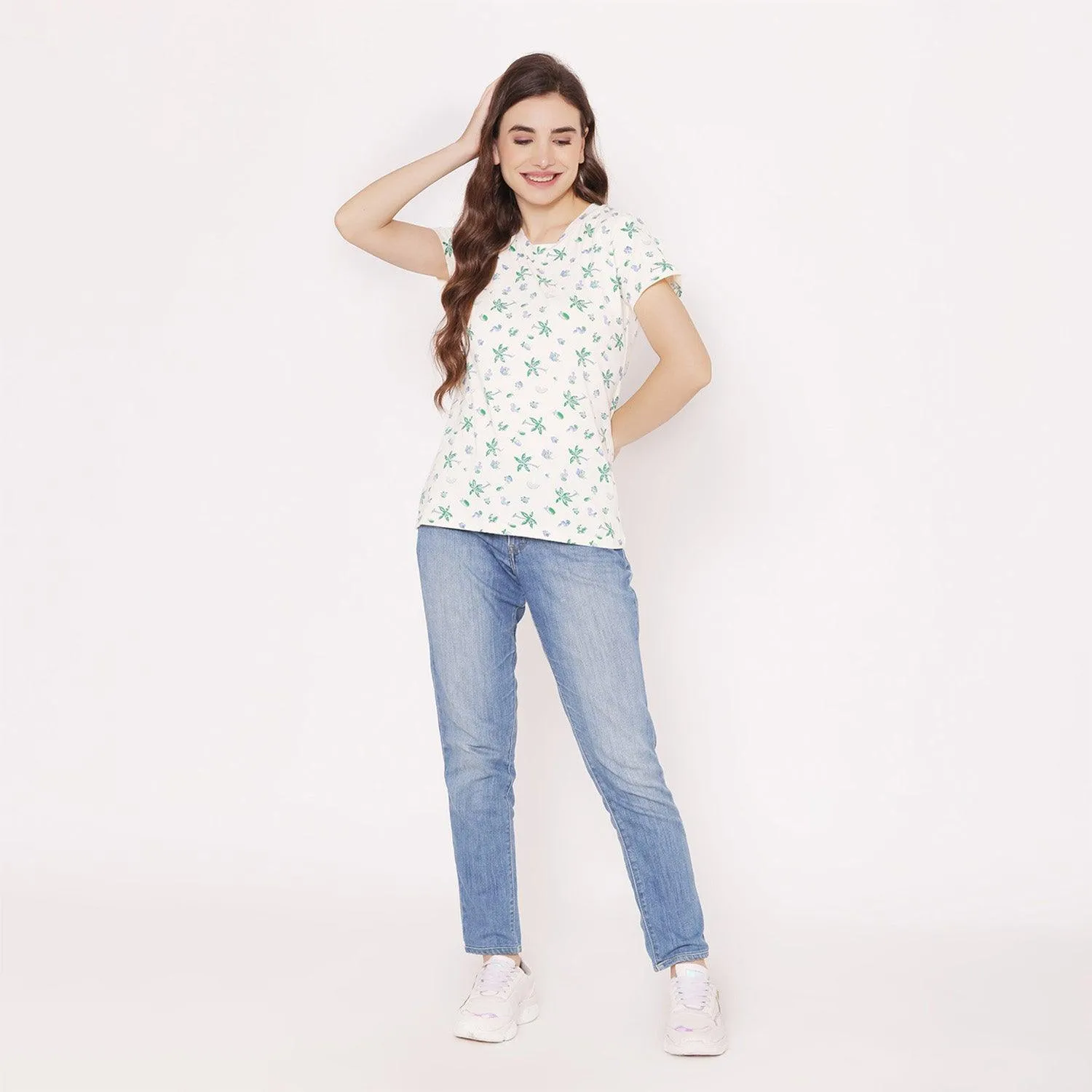 Women's Printed Half Sleeve Casual T-Shirt - Off White